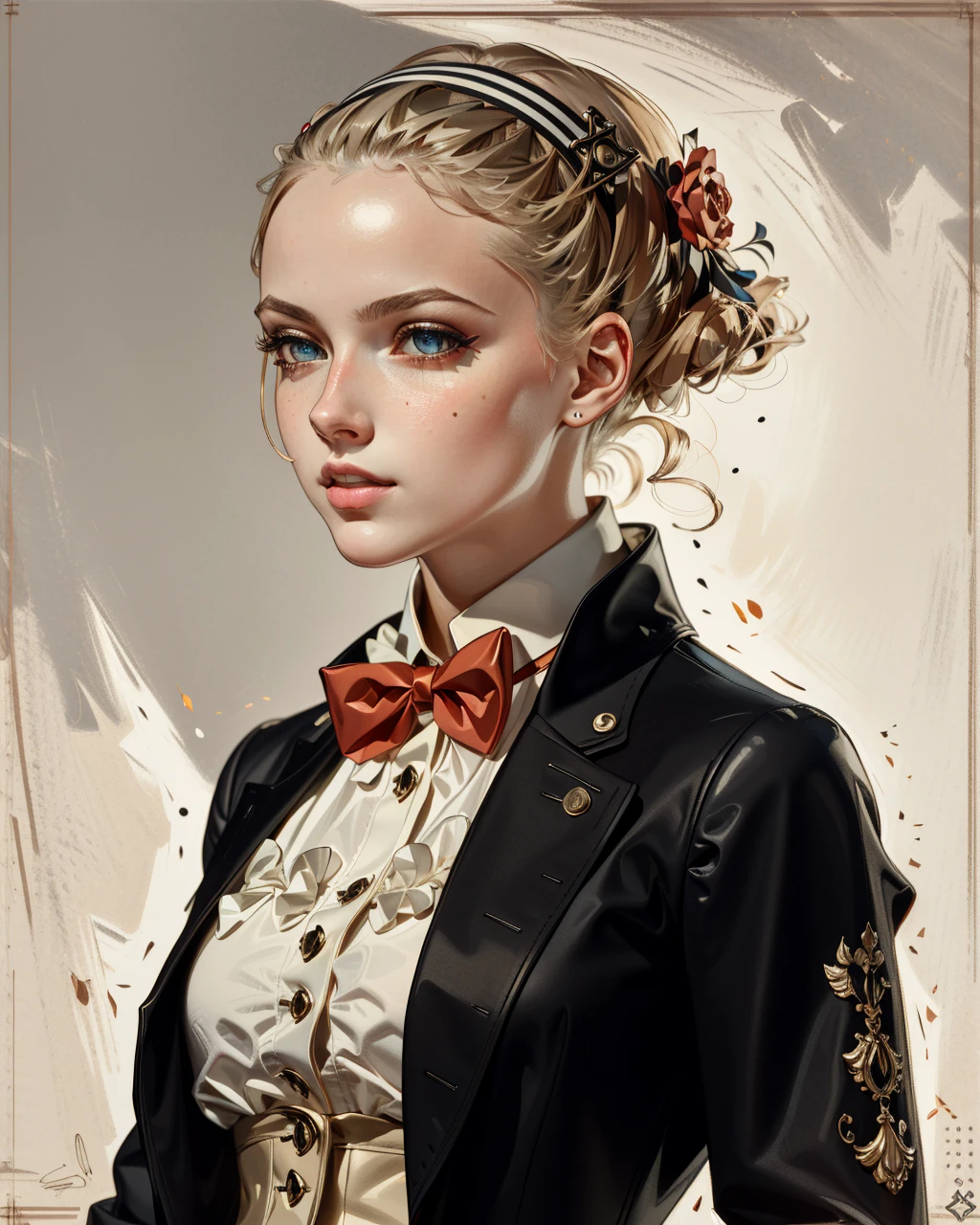 best quality,masterpiece,highly detailed,ultra-detailed, 
 <lora:neg9V2_last:0.7> 
1girl, open coat, bowtie, hair ornament, 
 <lora:leyendecker_02:0.8>by  leyendecker, traditional media, extremely detailed eyes, fantastic details full face, mouth, trending on artstation, pixiv, cgsociety, hyperdetailed Unreal Engine 4k 8k ultra HD,