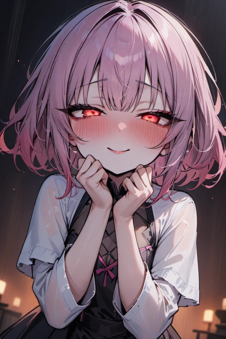 masterpiece, best quality, very aesthetic, absurdres, <lora:yandereXLv2:0.6> yandere makeup, (love blush:1.5),hands up,half-closed eyes, glowing-eyes,(pink hair), smile, ite