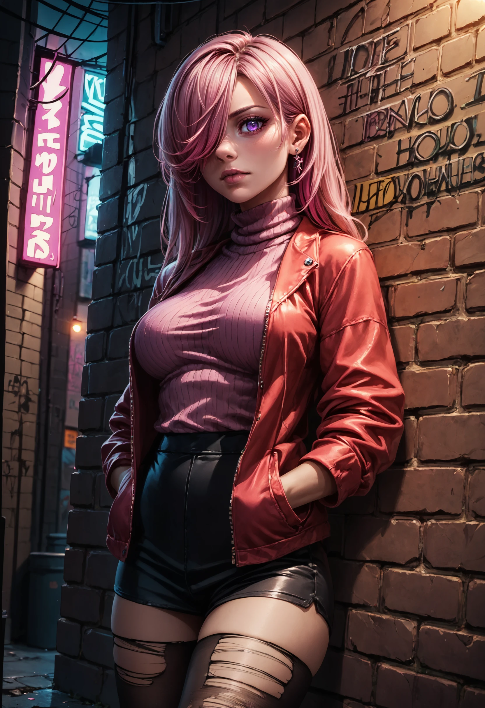 score_9, score_8_up, score_7_up, score_6_up, detailed, 1girl, solo, intricate details, chromatic aberration, realistic, long hair, pink hair, red head ornament, pink highlights, hair over one eye, purple eyes, earrings, sharp eyes, choker, neon shirt, torn legwear, open jacket, turtleneck sweater, night,against wall, brick wall, graffiti, dim lighting, alley, looking at viewer