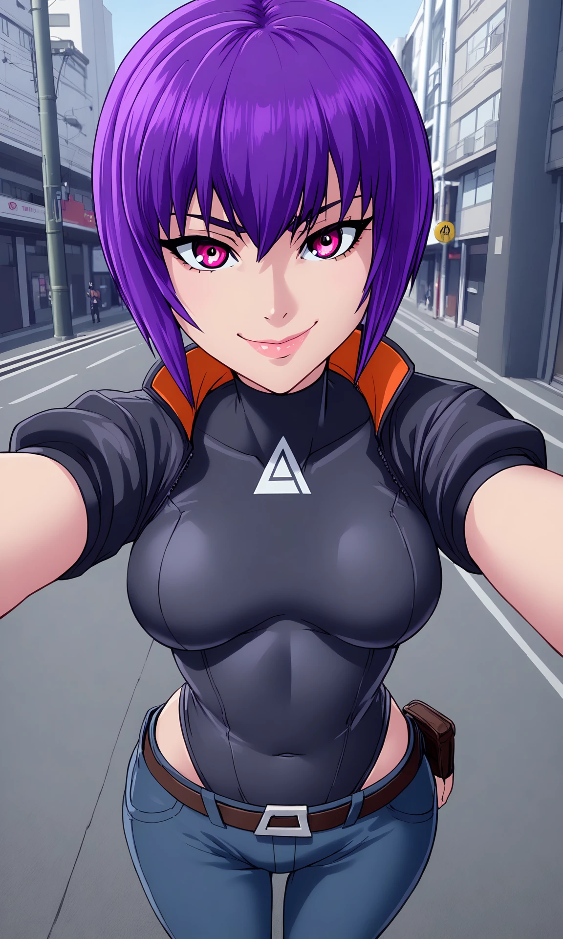 (masterpiece:1.2), (best quality:1.2), newest, (intricate details, very aesthetic, highres), good hands, 1girl, <lora:sd_xl_dpo_lora_v1-128dim:1>, <lora:motoko_2045:1> motoko2045xl, purple hair, short hair, lips, cyborg, pink eyes, medium breasts, cropped jacket, black jacket, collared jacket, short sleeves, fingerless gloves, black gloves, black leotard, highleg leotard, hip vent, blue pants, belt, kusanagi motoko, pov, selfie, shibuya \(tokyo\) ,smile, cyberpunk, outdoors, <lora:Anime_Screencap_Enhancement-v1:1>