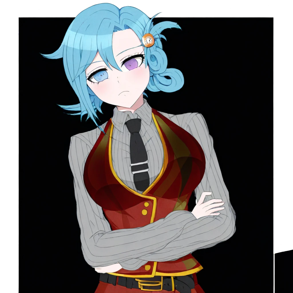 Setsuka Chiebukuro, Danganronpa, blue hair, folded ponytail, heterochromia, purple eyes, blue eyes, cursor iris, hair clip, billiard ball hair clip, belt, grey shirt, vertical-striped shirt, vest, red vest, skirt, red skirt, necktie, black necktie