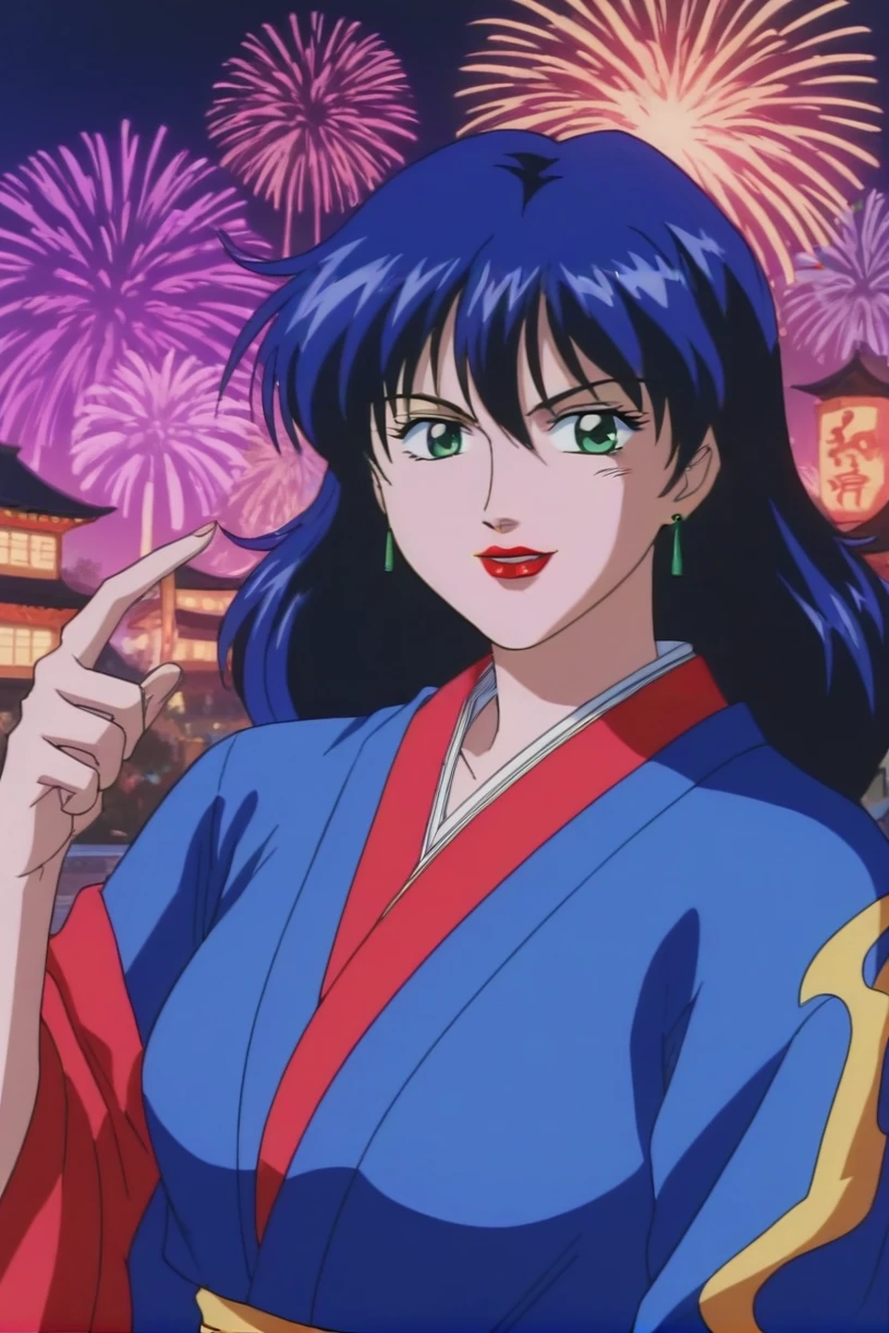 best quality,masterpiece,looking at viewer,absurdres,1girl,score_9,score_8_up,score_7_up,source_anime BREAK <lora:022-ä¸åå°å½å®¶-åæ©XLV1:0.8>,retro artstyle,1990s \(style\),shan,green eyes,blue hair,lipstick,makeup,Kimono, fireworks, hairpins,aerial fireworks,festival,japanese clothes,summer festival,,