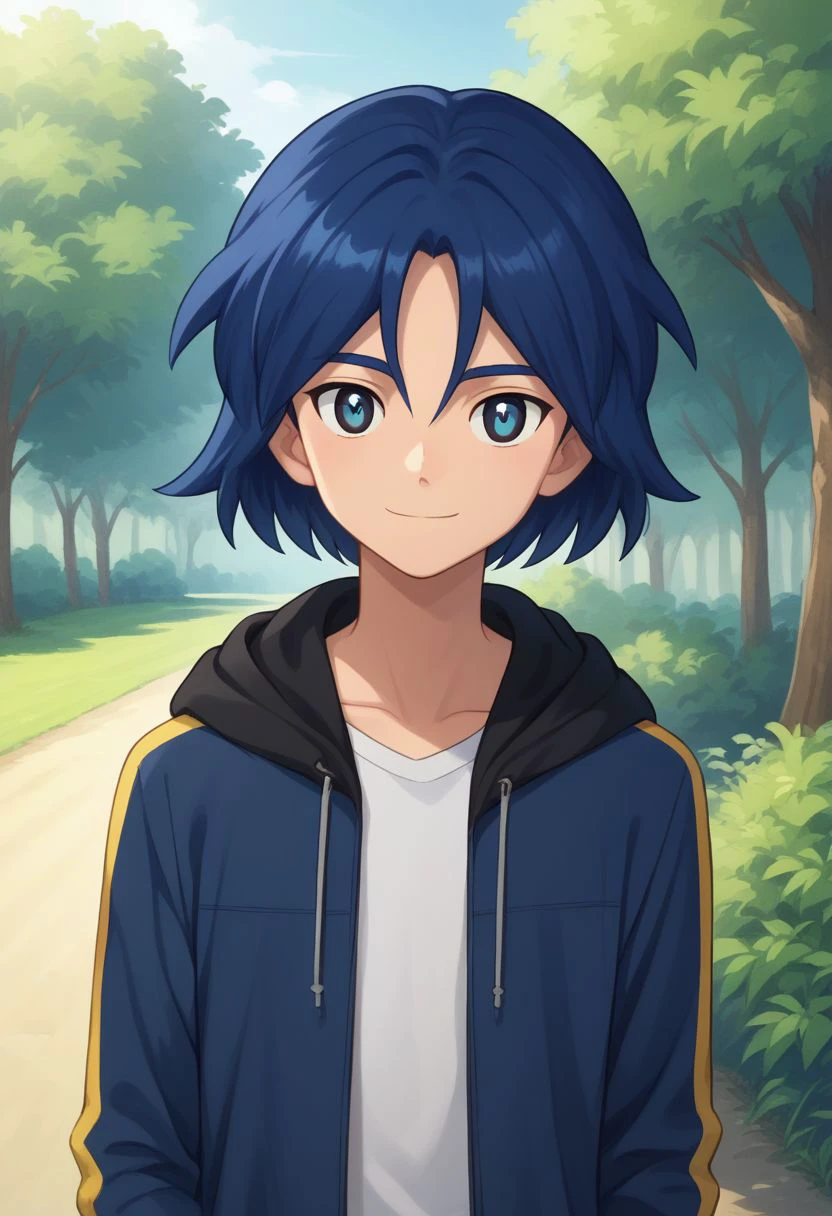 score_9, score_8_up, source_anime, highly detailed, 1boy, solo, male_focus, slender, skinny,
hikaru, 1boy, solo, blue hair, hoodie, blue hoodie, hood, blue eyes, male focus, smile, jacket, open jacket, upper body,
outdoor,