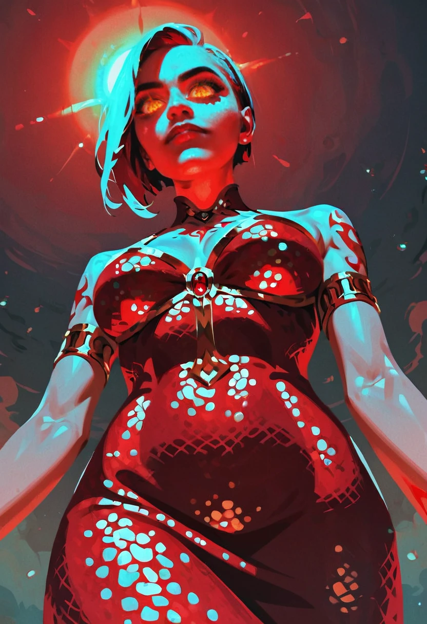 <lora:ReinaPXL:0.8>, 1girl, on a bar, wearing glitter dress, led light, lens flare, gold and red tones,
Evil, bottom view, detailed skin, detailed eyes