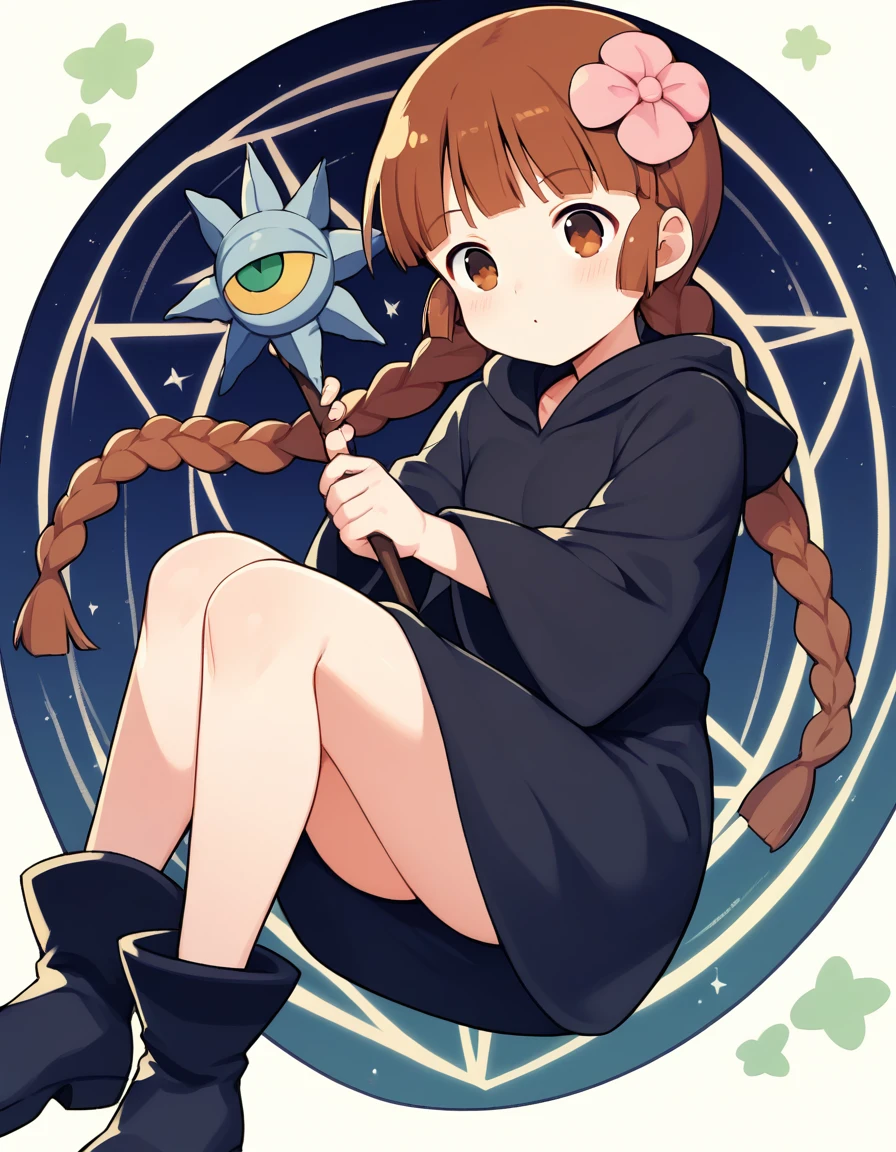 <lora:Grgrkukuri_SDXL_pony_fp16:1>,Grgrkukuri,  blunt bangs,robe, braid, brown eyes, twin braids,brown hair,black robe,boots,hair flower,aroused,face only,holding wand, magic circle,, score_9, score_8_up, score_7_up, BREAK source_anime, rating_questionable, best quality, masterpiece, uncensored,[pony diffusion V6 is trained by PurpleSmartAI:100]