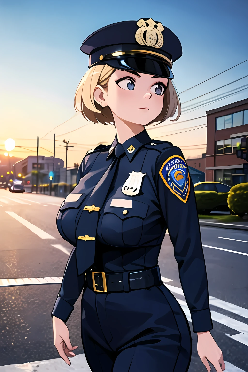 <lora:SC-NYPD:0.8>, nyp0l1c3, (masterpiece:1.2, best quality:1.2), extremely detailed, high quality, 4k, 8k, highly detailed, (best illustration), extremely detailed face, emblem, police hat, badge, belt, long sleeve shirt, pants, necktie, (walking on the street:1.2), sunset, (upper body:1.2), from side, 1girl, blonde hair, short hair, massive breasts, thick thighs, thin waist, wide hips, curvy figure, voluptuous