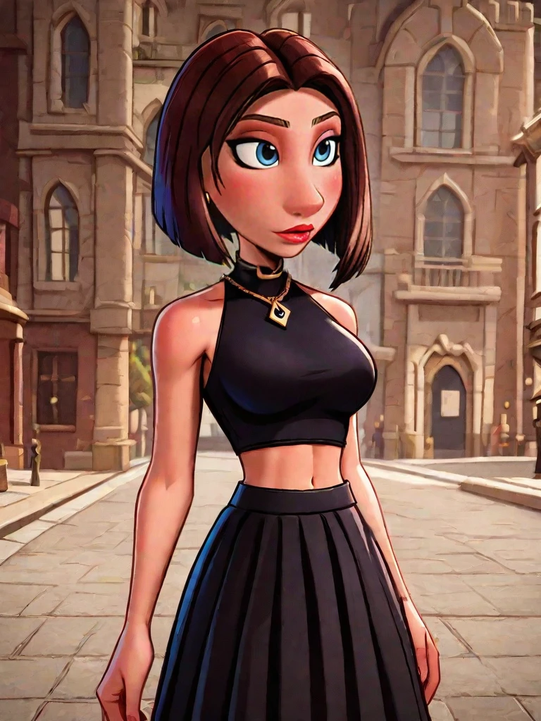 <lora:colettetatou-05:1> ( colettetatou:1.1), cowboy shot, bob cut,  brown hair, blue eyes
BREAK
black crop top, black skirt, bare belly, bare shoulders, large breast, 
 high res image,masterpiece,best quality,girl,cute face,clear skin,shiny hair,ultra detailed eyes,street city background,     <lora:r0bbr0wnXLP:1> r0bbr0wn