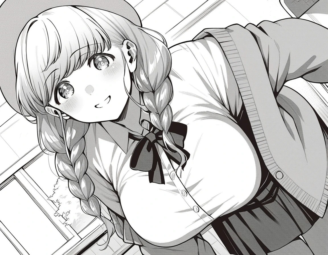 score_9, score_8_up, score_7_up, source_anime,
heriohanamori, <lora:herio-hanamori-manga-ponyxl-lora-nochekaiser:1>,
hanamori, long hair, bangs, braid, twin braids, large breasts, monochrome, greyscale,
skirt, shirt, hat, cardigan,
indoors, classroom, bent over, smile,
looking at viewer, solo, cowboy shot, dutch angle,
