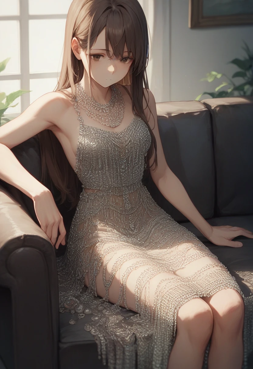 score_9, score_8_up, score_7_up, score_6_up, source_anime, <lora:beaded_dress_v0.1-pony:1>
1girl, long hair, brown hair,
beaded dress, sitting,
sofa,