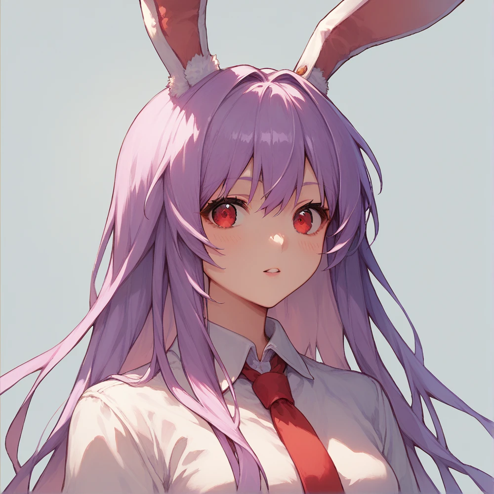 score_9, score_8_up, score_8, score_9, 1 girl, source_anime, <lora:reisen_udongein_inaba_ponyxl-10:1.0>, reisen udongein inaba, purple hair, red eyes, rabbit ears, rabbit girl, long hair, portrait, white shirt, red necktie