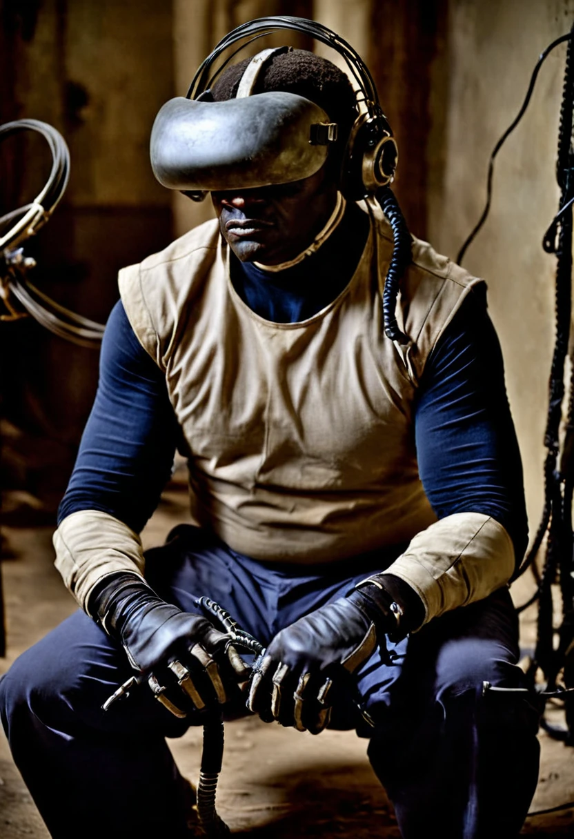 cinematic film still a man wearing a helmet and holding a device , solo, shirt, gloves, 1boy, sitting, male focus, black gloves, pants, fingerless gloves, headphones, squatting, cable, shallow depth of field, vignette, highly detailed, high budget Hollywood film, cinemascope, moody, epic, gorgeous,