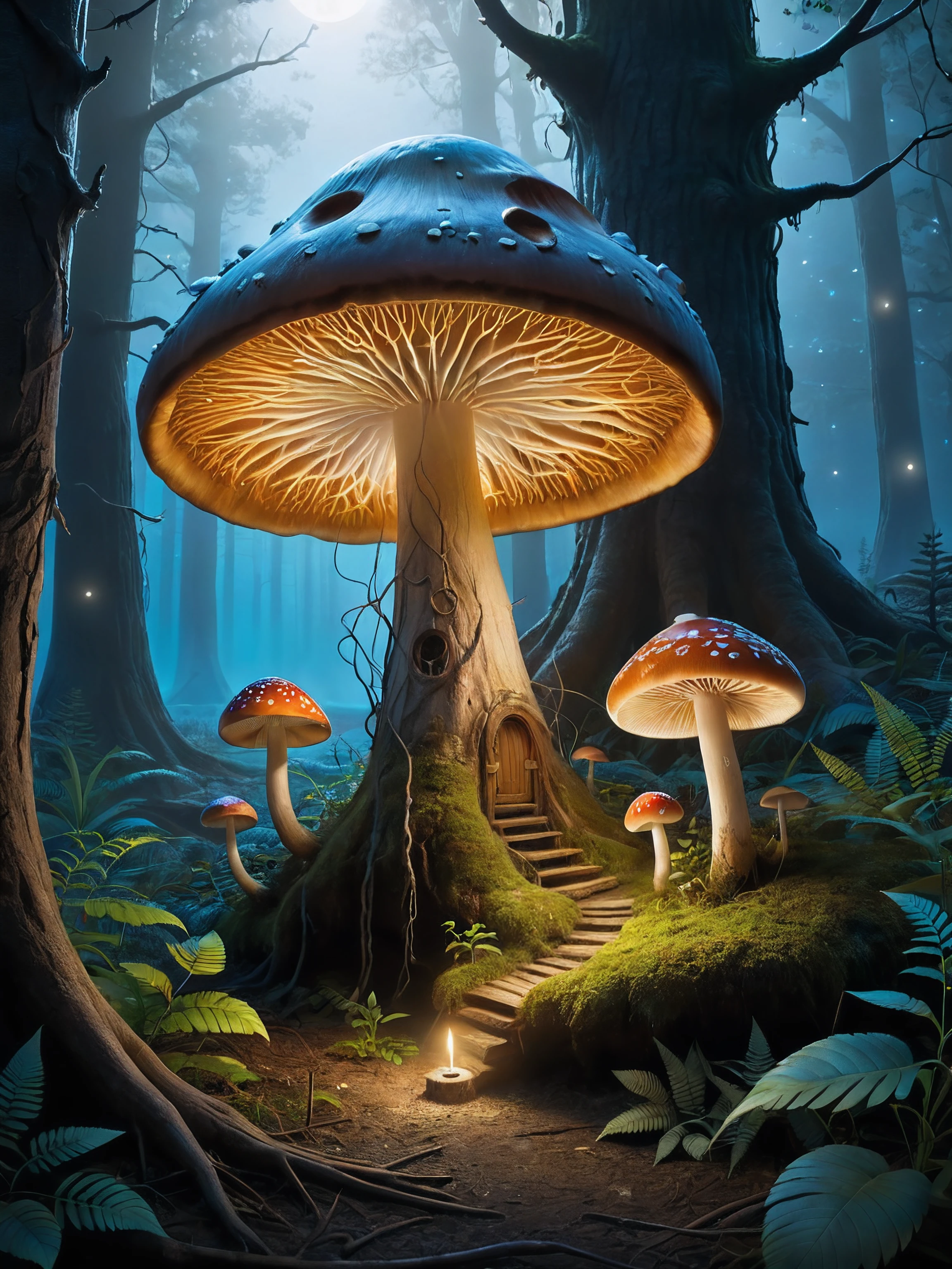 Eerie Beauty: A moonlit forest bathed in an ethereal glow, where ancient, gnarled trees twist into fantastical shapes. Wispy, bioluminescent mushrooms illuminate the forest floor, while a stack mushroom with piercing needles sprout from the shadows.