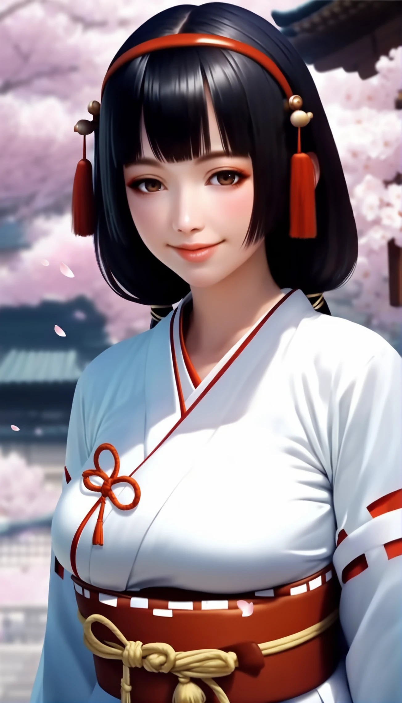 score_9,score_8_up,score_7_up,<lora:naotorali-000080:0.7>,
naotora li,1girl,solo,
black hair,bangs,blunt bangs,twintails,low twintails,red hair ornament,red hairband,white scrunchie,
japanese clothes,miko,miko outfit,
brown eyes,looking at viewer,smile,lips,
big breasts,
outdoors,cherry blossoms,japanese style wall,vignetting,blurry background,
face focus,front view,close up,