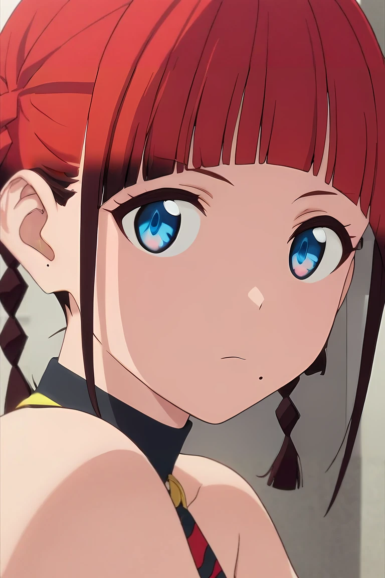 score_9, score_8_up, score_7_up, source_anime, rating_safe, , (3d:0.4), looking at viewer, , 1girl, solo, <lora:chise_asukagawa_pony:0.88>, chise_asukagawa, red hair, blue eyes, short hair, bangs, blunt bangs, mole, mole under mouth, braid, twin braids, close-up, sahara desert, indoors, light, arm support, expressionless, , <lora:sdxl_lightning_8step_lora:1>