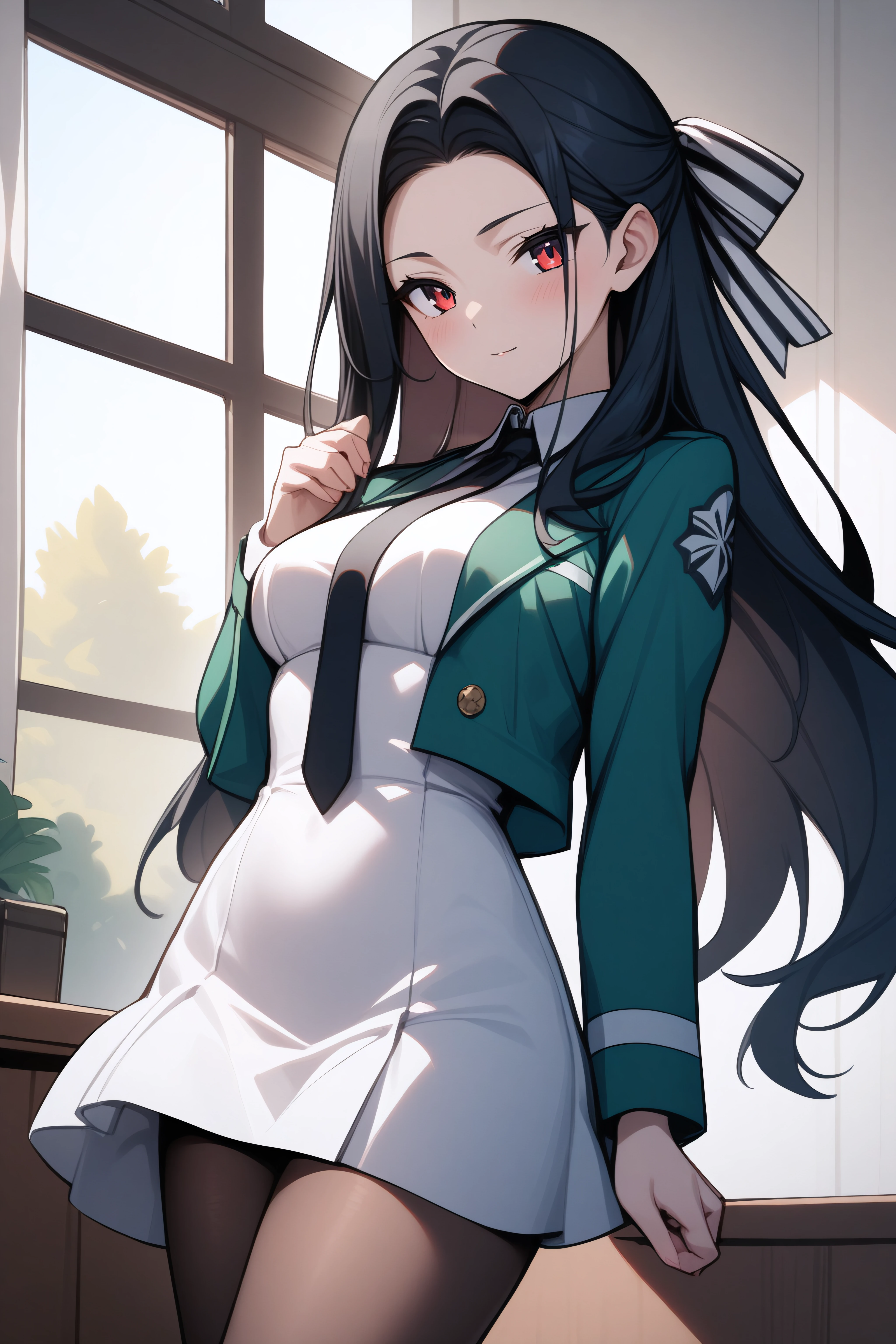 (masterpiece, best quality), <lora:Mayumi Saegusa-SDXL-lora-Faxtron:0.8> mayumi saegusa, red eyes, black hair, long hair, medium breasts, striped ribbon, cropped green jacket, long sleeves, white dress, black necktie, pantyhose, standing,