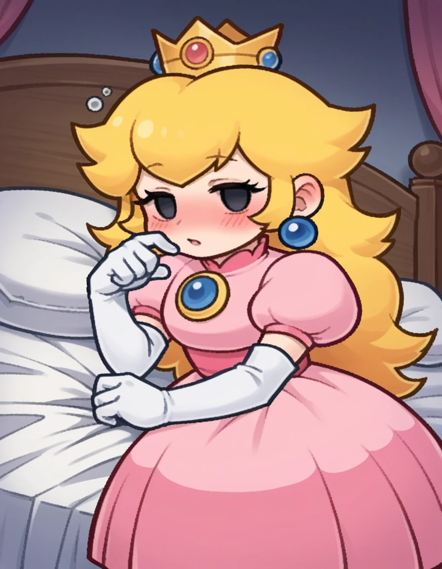 score_9, score_8_up, score_7_up, source_anime,
princesspeach, <lora:paper-peach-ingame-ponyxl-lora-nochekaiser:0.8>,
peach, long hair, blonde hair, chibi, solid oval eyes, no sclera, black eyes, eyelashes,
gloves, dress, jewelry, earrings, elbow gloves, crown, pink dress,
indoors, bed, bed room, on side, blush, drunk,
looking at viewer, solo, dutch angle, cowboy shot,