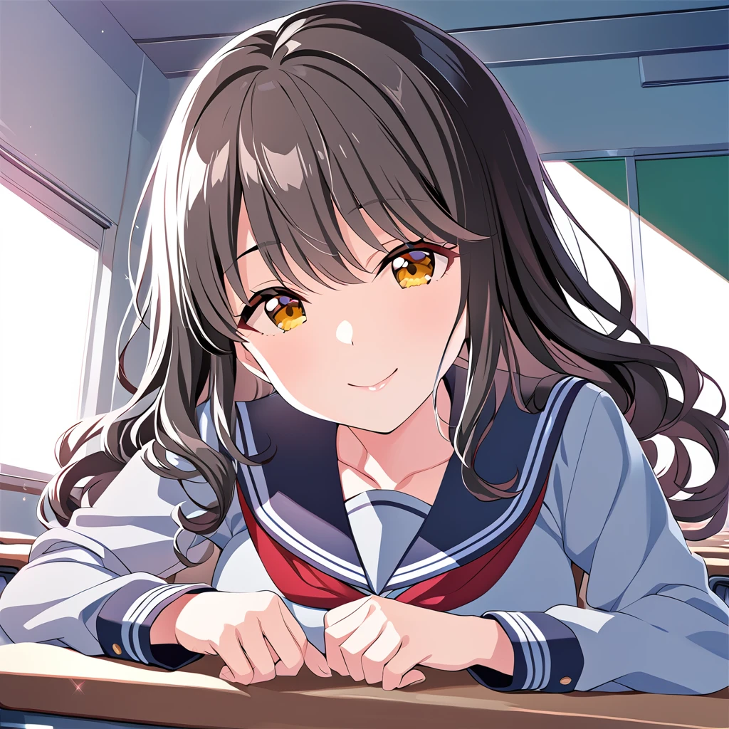 masterpiece,saeki haruko,1girl,wavy hair,xharuko schooluniform,smile,looking at viewer,solo,<lora:SaekiHaruko:0.8>,classroom,