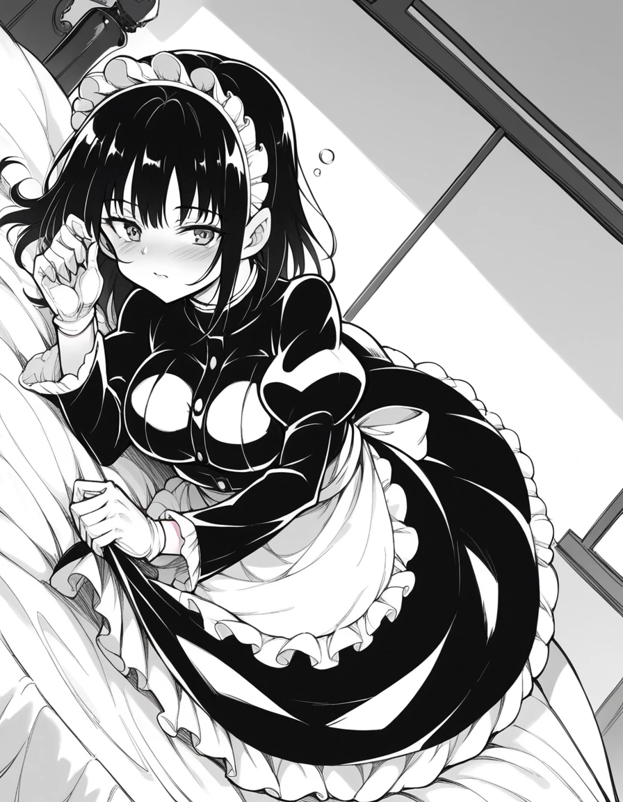 score_9, score_8_up, score_7_up, source_anime,
tsubakirurikawa, <lora:tsubaki-rurikawa-manga-ponyxl-lora-nochekaiser:1>,
tsubaki rurikawa, bangs, large breasts, monochrome, greyscale,
skirt, gloves, long sleeves, dress, frills, puffy sleeves, white gloves, apron, maid, maid headdress, juliet sleeves, maid apron,
indoors, bed, bed room, on side, blush, drunk,
looking at viewer, solo, cowboy shot, dutch angle,