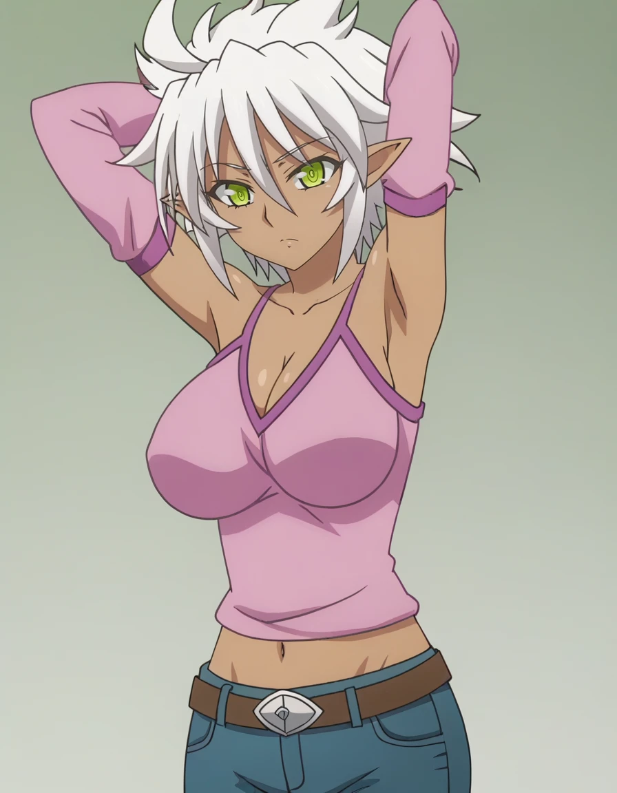 1girl,anime screencap,solo,simple background,
 <lora:Zest_16XL:0.8> zest, white hair, dark skin, dark-skinned female, short hair, breasts, pointy ears, green eyes, large breasts,
sweater,cleavage,bare shoulders,bare chest,detached sleeves,navel,jeans,belt,arms up,armpits,ahoge