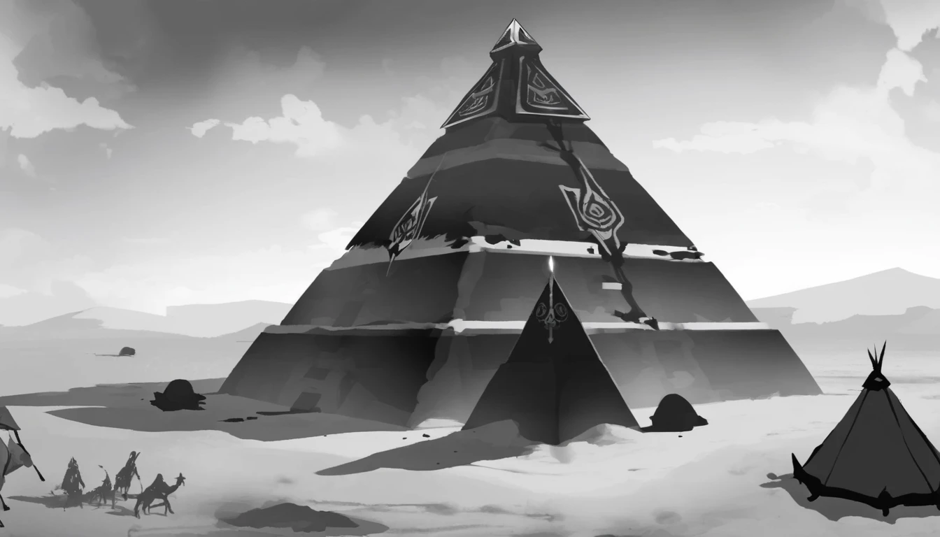 <lora:lor_concept_art_style:0.8> lor concept art, a creepy pyramid in the middle of a desert