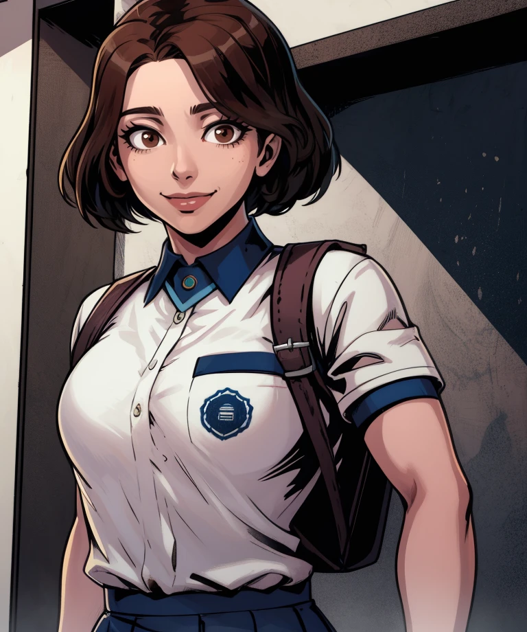 mina,brown eyes,short hair,
short sleeves,skirt,backpack,white collared shirt,school uniform, light smile,
hallyway,dim lighting,
(insanely detailed, masterpiece, best quality),solo,<lora:Mina:0.8>,