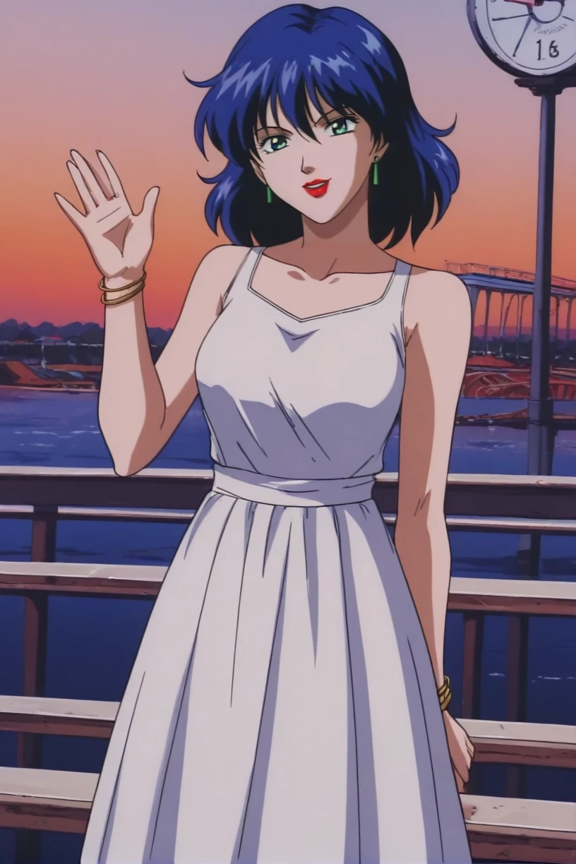 best quality,masterpiece,looking at viewer,absurdres,1girl,score_9,score_8_up,score_7_up,source_anime BREAK <lora:022-ä¸åå°å½å®¶-åæ©XLV1:0.8>,retro artstyle,1990s \(style\),shan,green eyes,blue hair,lipstick,makeup,dress,white dress,casual dresses,bracelet,amusement_park,outdoors,toll gate,stand,say hello,leaning_forward,arms_up,waving,(ferris wheel:0.8),,