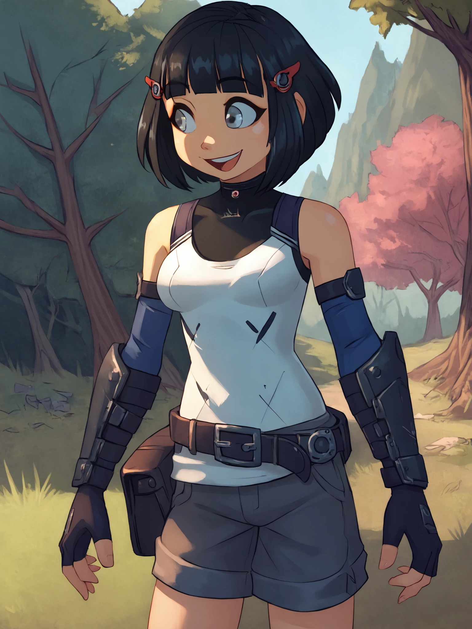 score_9, score_8_up,sharp focus,,  absurdres, highres, illustration, depth of field, tree, forest, 1girl, solo, fingerless gloves, grey shorts, belt, smile, open mouth, looking ahead, , black hair, short hair, bob cut, hair ornament, lineleexl, hairclip, grey eyes, armor <lora:linleexl:0.75>       <lora:RapscallionPony:1>