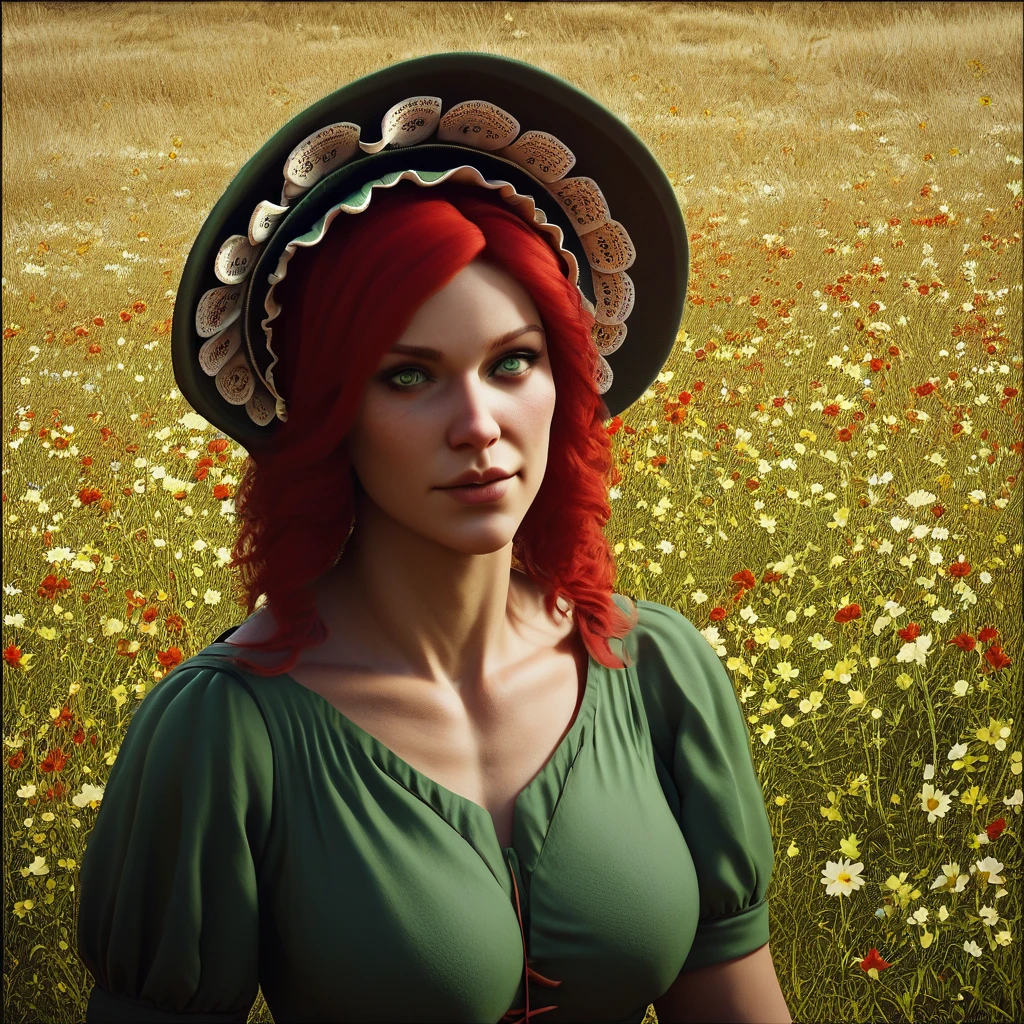 score_9, score_8_up, score_7_up, score_6_up, score_5_up, score_4_up, rating_safe,tpdne,portrait of a red haired woman wearing a green dress and a bonnet in a field of flowers, <lora:ThisPersonDoesNotExistPony:1>