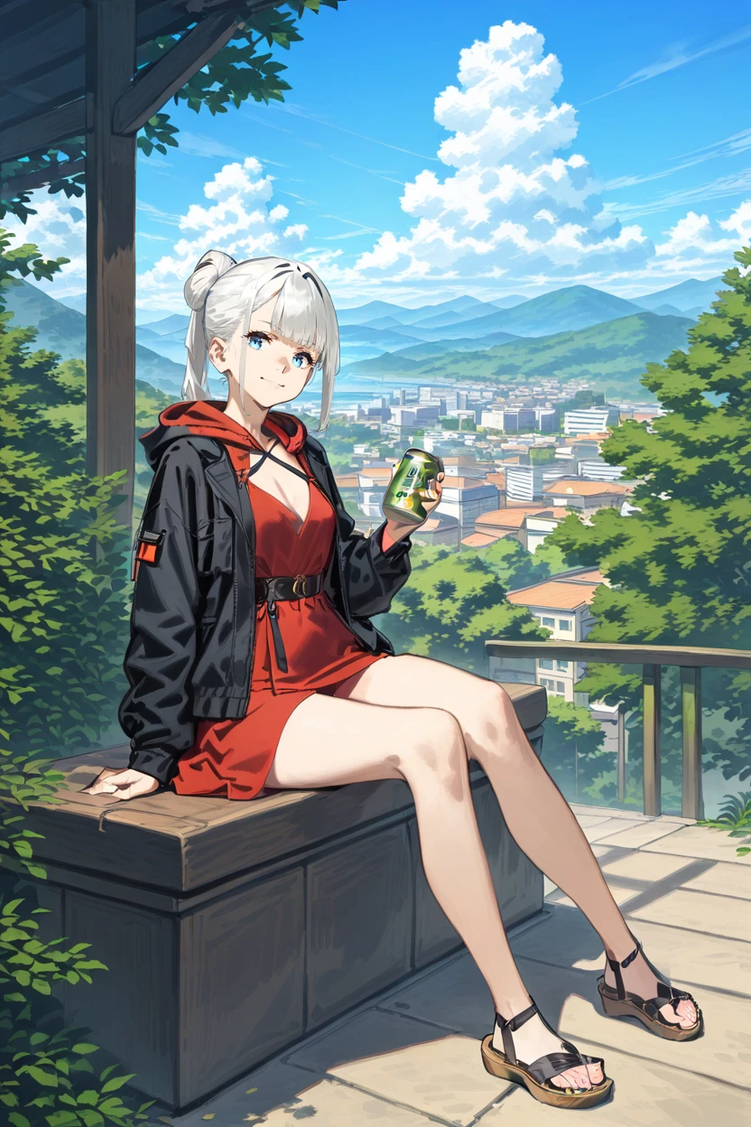 best quality,girl,full_body,
outdoors, solo, blue eyes, sky, jacket, sitting, tree, dress, cloud, day, red dress, looking at viewer, scenery, black jacket, open jacket, sandals, blue sky, mountain, holding, white hair, open clothes, ponytail, hair bun, bag, bare legs, leaf, breasts, building, hood, wind, closed mouth, smile, short dress, bangs, long sleeves, legs, can, cloudy sky, hooded jacket, hood down, city,
<lora:Comic_lulu_1_XL_v1.0-000198:0.8>,,
