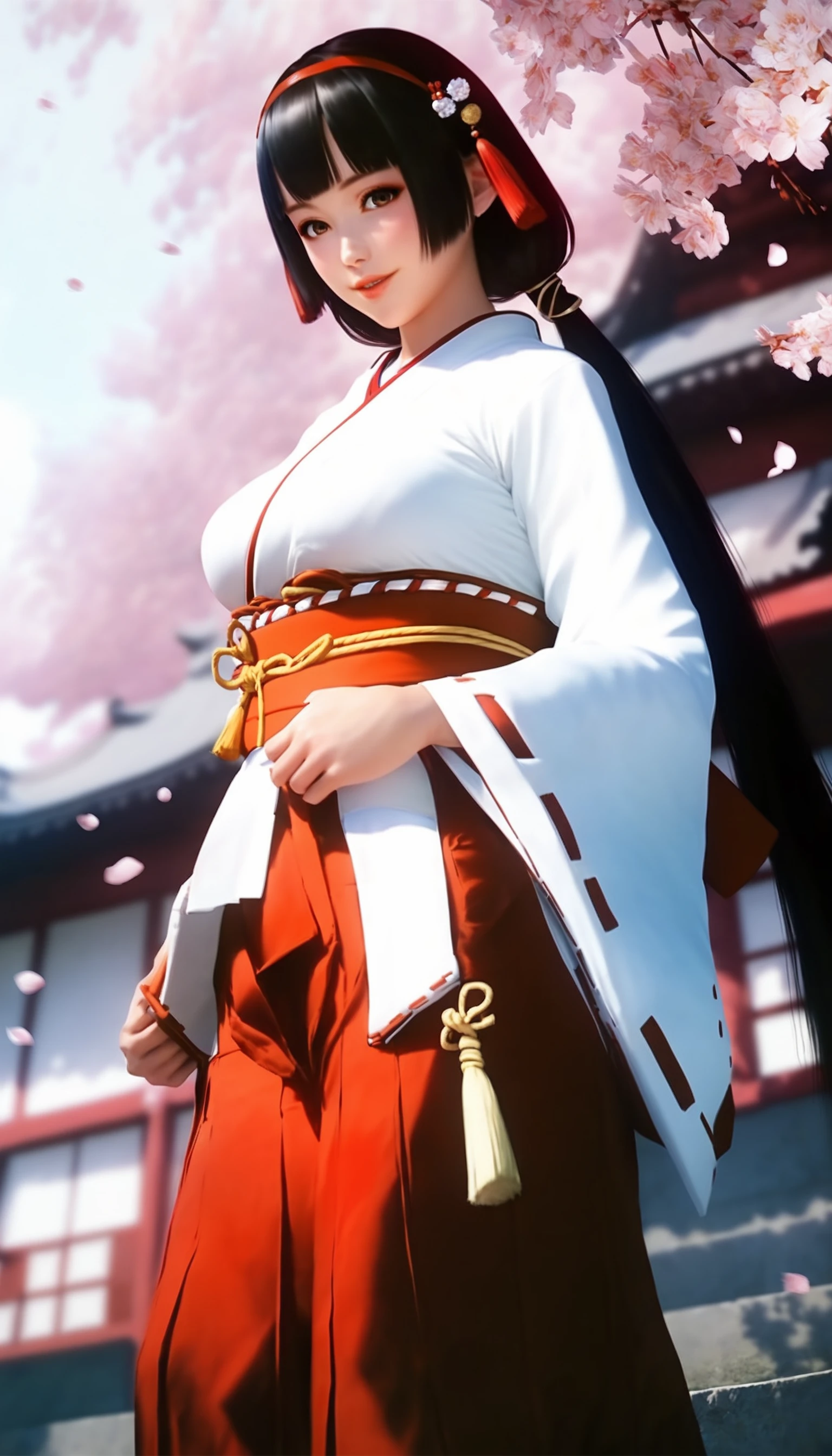 score_9,score_8_up,score_7_up,<lora:naotorali-000080:0.7>,
naotora li,1girl,solo,
black hair,bangs,blunt bangs,twintails,low twintails,red hair ornament,red hairband,white scrunchie,
japanese clothes,miko,miko outfit,hakama,red hakama skirt,red hakama,
brown eyes,looking at viewer,smile,lips,parted lips,
big breasts,
outdoors,cherry blossoms,japanese style wall,vignetting,blurry background,
cowboy shot,facing viewer,
standing,