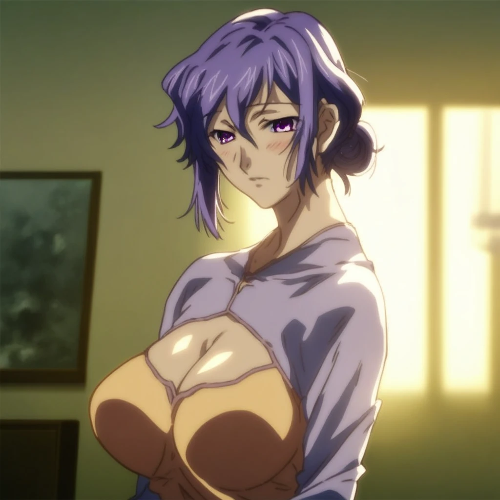 score_9, score_8_up, score_7_up, source_anime BREAK cinematic lighting, atmospheric lighting, cowboy shot, official artwork, hetero, indoors, 1girl, solo, female focus, mature female, short hair, purple hair, hair bun, side locks, hair between eyes, purple eyes, looking at viewer, blush, large breasts, cleavage, wedding ring, shrug (clothing), shirt, standing, rating_questionable