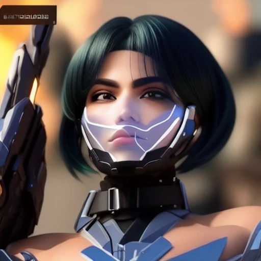 bate shoulders, blurry background, holding, futuristic soldier, tight ponytail, tight suit, Glass mask, 1girl, Long sidebangs, glass armor, choker, holding gun
