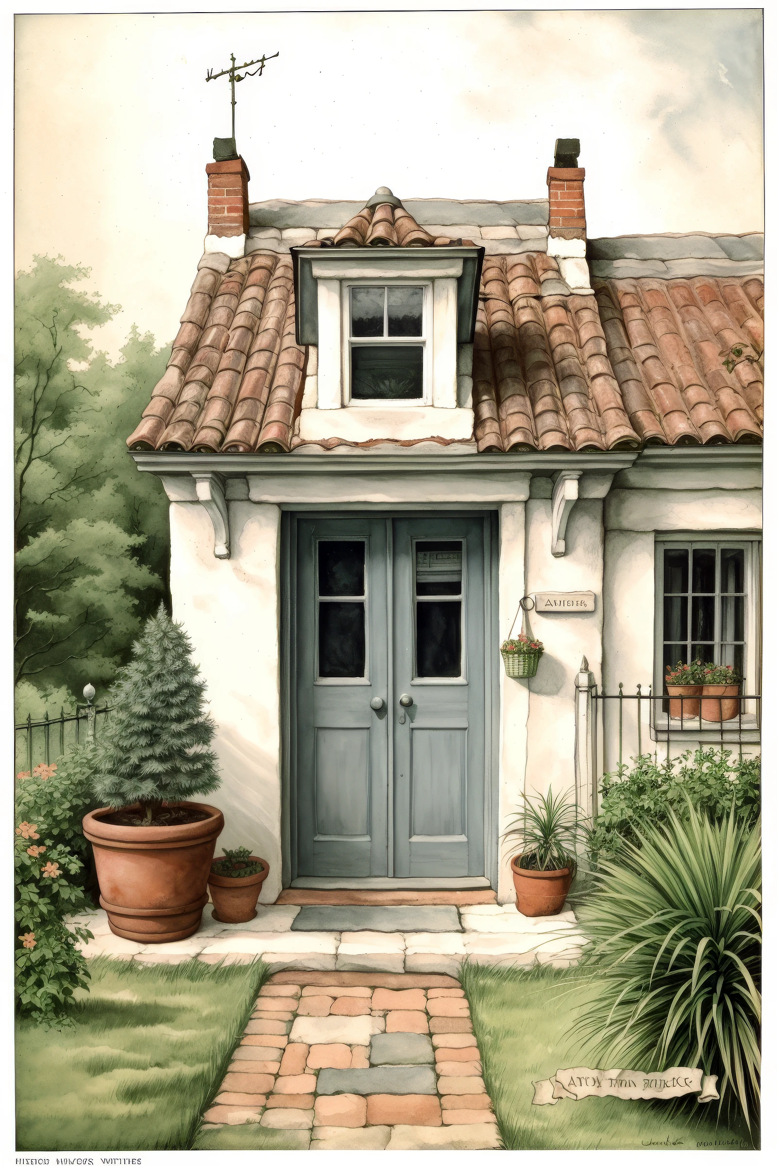 anton pieck style, no humans, potted plant, original, door, window, cozy house, traditional media, photoshop (medium), tree, fence, flower pot, outdoors, signature, graphite (medium), grass, watercolor (medium), bush, painting (medium) <lora:SD15_Anton_Pieck_Style_V2:1>