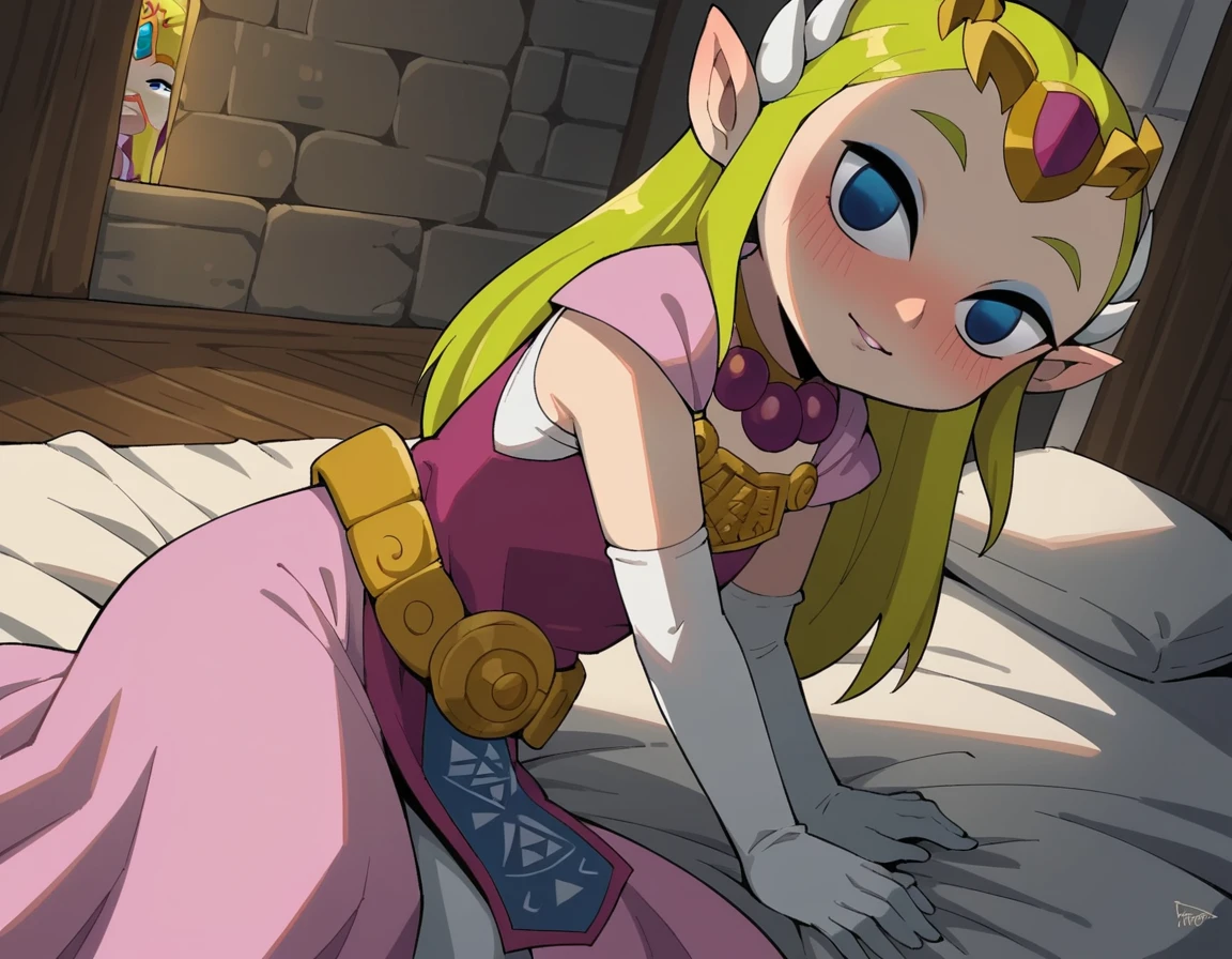 score_9, score_8_up, score_7_up, source_anime,
princesszelda, <lora:toon-zelda-ingame-ponyxl-lora-nochekaiser:0.8>,
zelda, long hair, blue eyes, blonde hair, pointy ears, empty eyes, princess zelda,
gloves, dress, jewelry, elbow gloves, belt, necklace, tiara, pink dress, triforce,
indoors, bed, bed room, on side, blush, drunk,
looking at viewer, solo, dutch angle, cowboy shot,