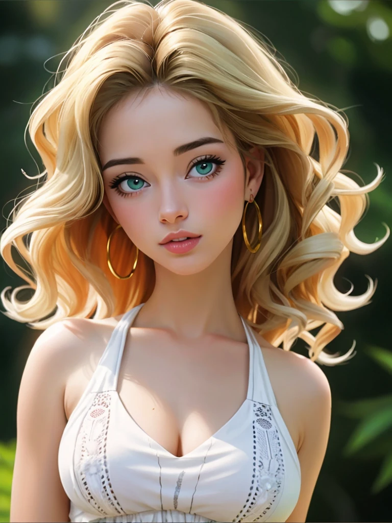 Realistic photo of a beautiful n4t4l144 woman,1girl, solo, long hair, breasts, looking at viewer, blonde hair, dress, bare shoulders, jewelry, green eyes, upper body, earrings, parted lips, white dress, lips, halterneck, wavy hair, ring, curly hair, realistic, photo background, professional Photography, Photorealistic, detailed, RAW, analog, sharp focus, high quality, film grain<lora:n4t4l144:1.0>