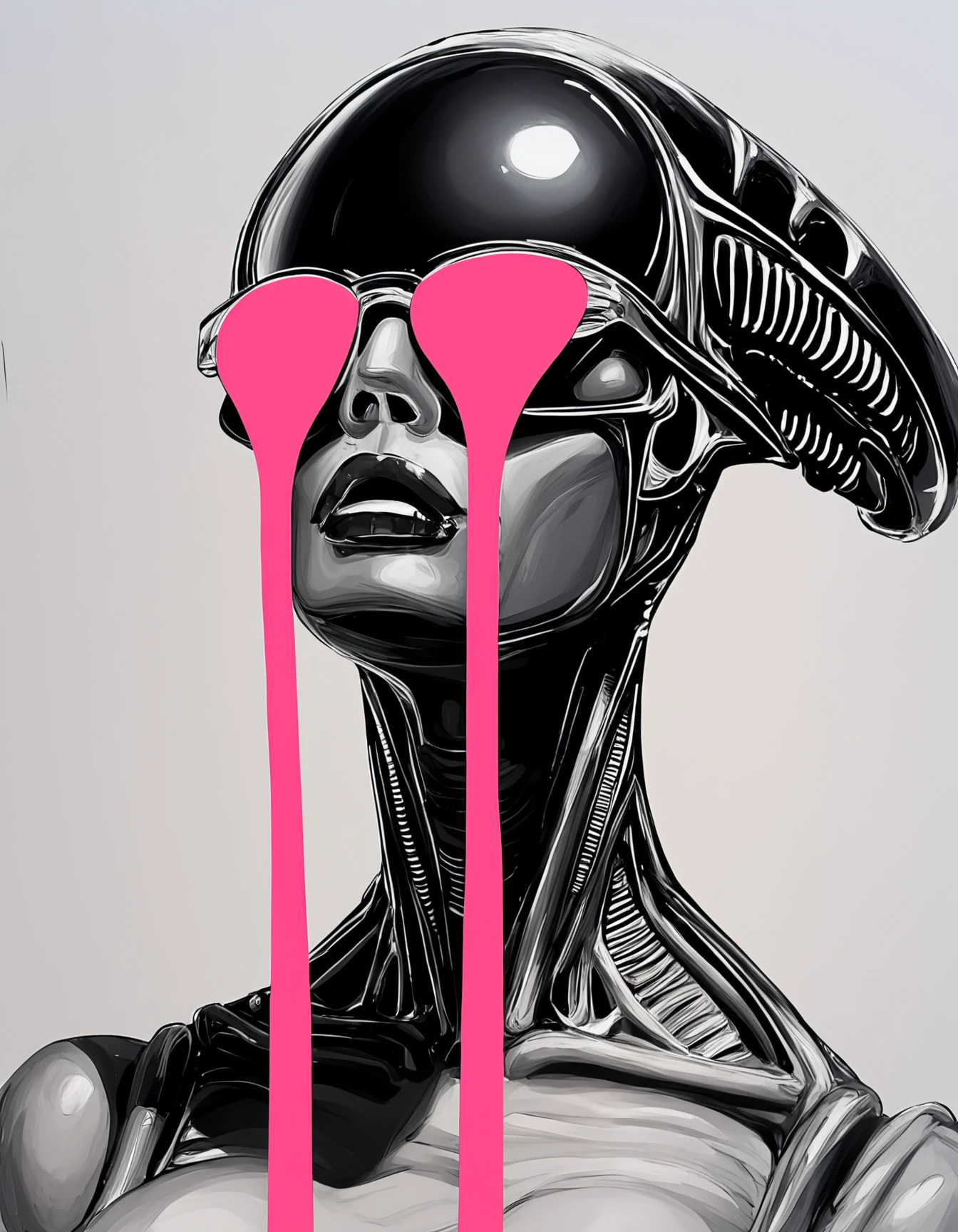 score_9, score_8_up, score_7_up, score_6_up, score_5_up, score_4_up,  
source: illustration
Edyta_Grzyb, (xenomorph:1.35),alien face, female, alien, h.r.giger,
The image is a vertical art print featuring a stylized portrait of a woman. She appears to be wearing sunglasses, has short hair, and her eyes are obscured by two vertical strips with a pattern resembling pink or coral tones. The background of the portrait is white. There's no text on the image itself. , Portrait