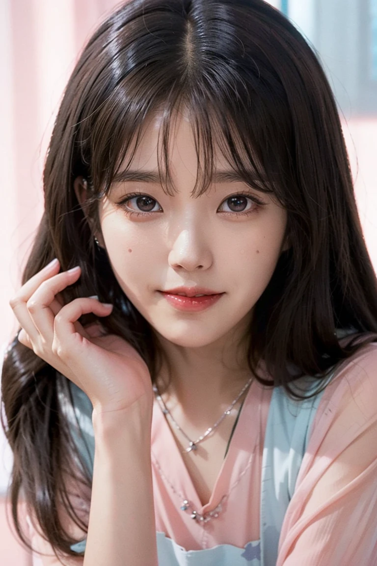 a female with long hair in pink,in the style of eye-catching resin jewelry,dark brown and light blue,joong keun lee,warmcore,celebrity image mashups,smilecore,stanley pinker,<lora:IU-v2-02:0.9>,iu,