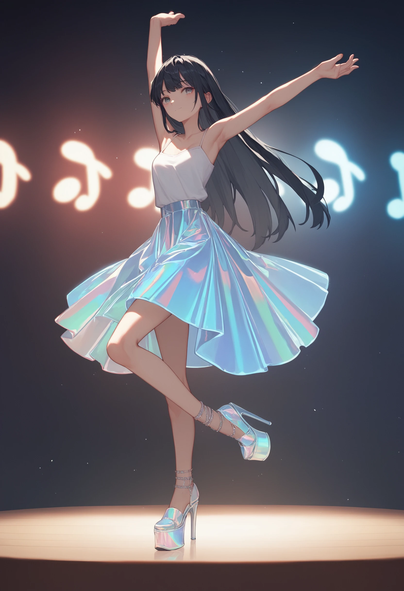 score_9, score_8_up, score_7_up, score_6_up, source_anime, <lora:holographic_v0.2-pony:1>
1girl, long hair, black hair, camisole, 
holographic skirt, dancing, miniskirt, stage lights, platform heels, holographic footwear, music,knee up,