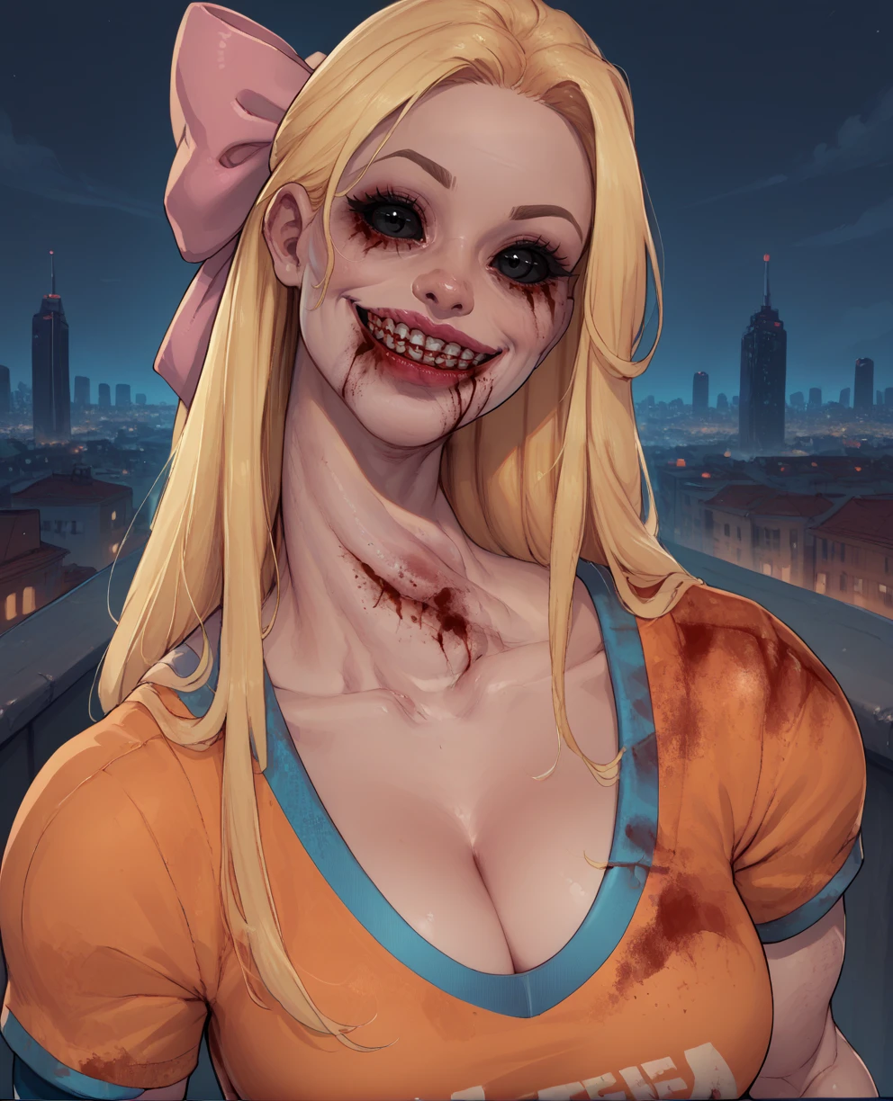 score_9,score_8_up,score_7_up,score_6_up,unknownpep,blonde hair,black eyes,black sclera,long hair,hair bow,orange shirt,midriff,belt,skirt,looking at viewer,lipstick,teeth,smile,single elbow glove,blue bike shorts,blood on clothes,head tilt,close up, solo,
<lora:unknownPepxl:1>,cleavage,close up,cityscape,night,upper body,  long neck,