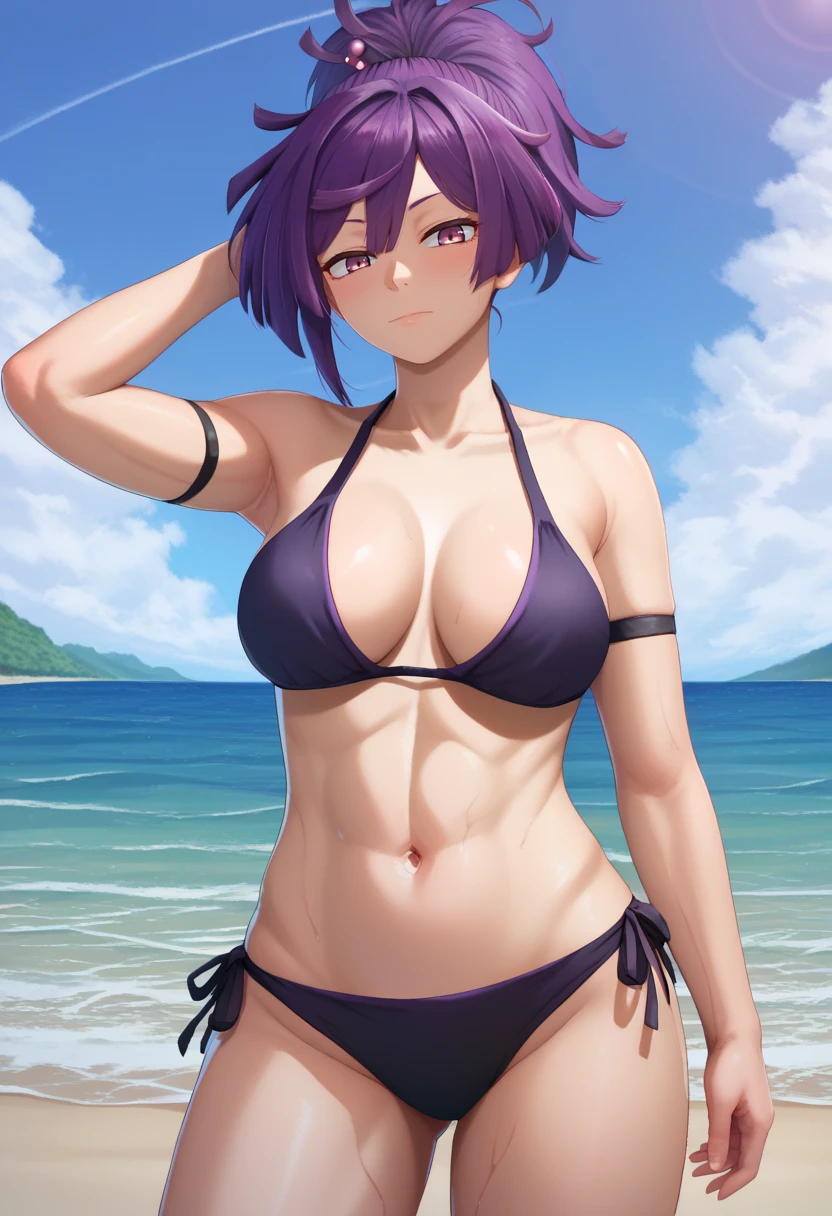 score_9,score_8_up,score_7_up,score_9,4k,HD,8k,highres,antialiasing,detailed,texture,cinematic lighting BREAK <lora:Yuzuriha:1>,Yuzuriha,1girl,solo,looking at viewer,purple eyes,medium breasts,ponytail,purple hair,cowboy shot, beach, black bikini,