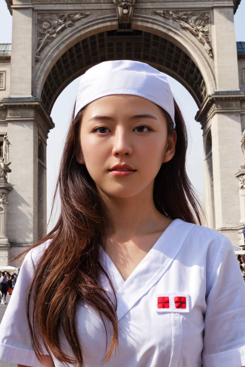 (masterpiece,best quality,ultra highres:1.1),uncensored,prefect lighting,very aesthetic,rating_explicit BREAK
beautiful face,<lora:hand 4:1>,
1girl,28yo,japanese_actress portrait,
<lora:czym_SDXL:1>,very_long_hair,czym,
wearing nurse uniform,the background arc de triomphe,