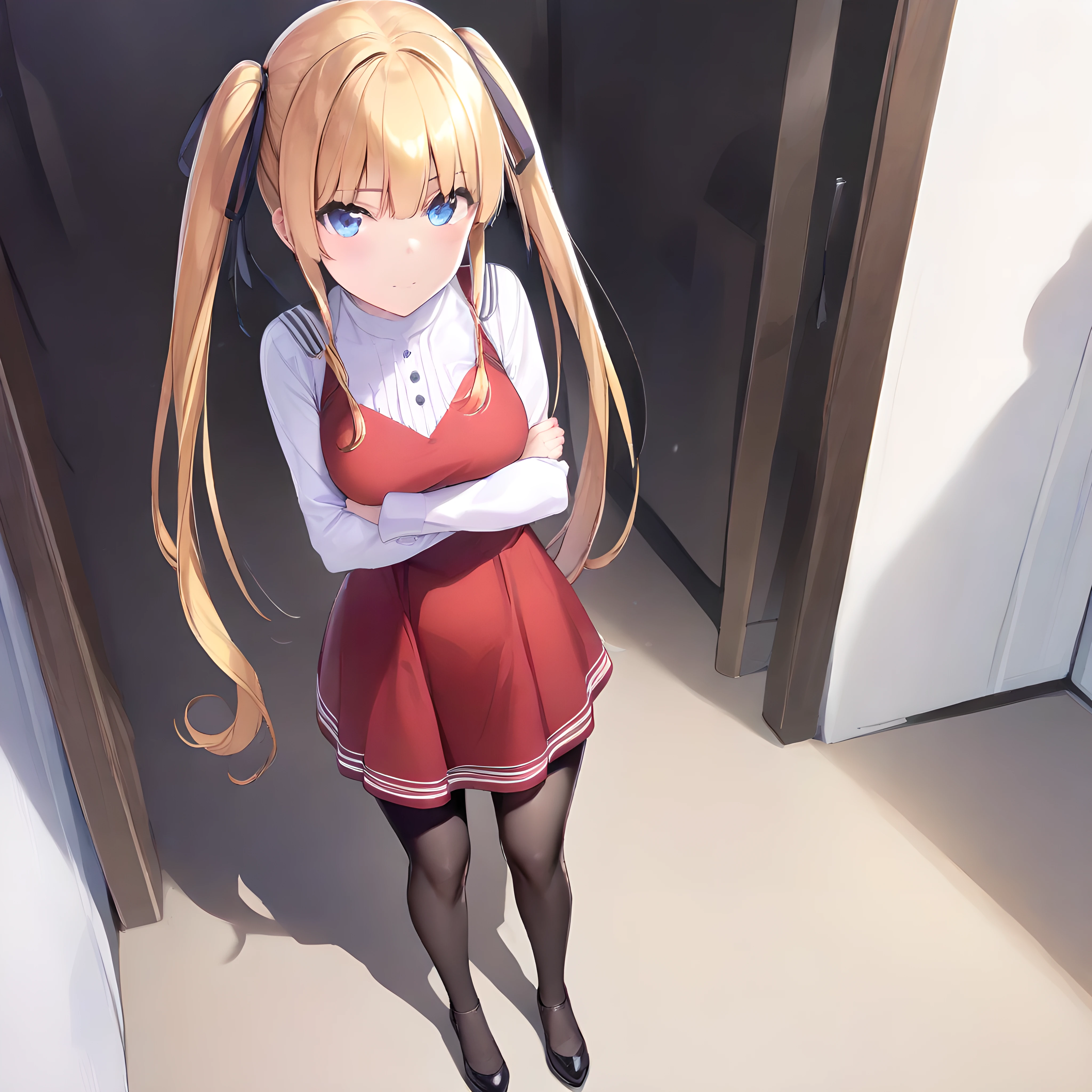 (masterpiece),(best quality),(ultra-detailed),(best illustration),(best shadow),(absurdres),(detailed background),(very aesthetic),sawamura eriri spencer, 1girl, solo, pantyhose, blue eyes, blonde hair, twintails, long hair, crossed arms, black pantyhose, dress, white background, simple background, looking at viewer, red dress, standing<lora:eriri:1>