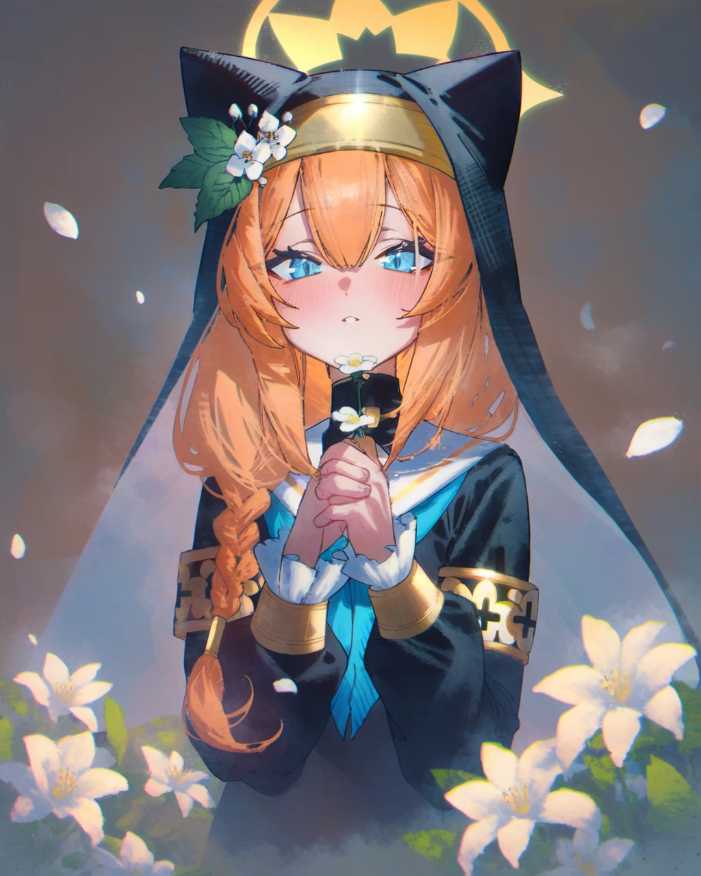 betabeet, 1girl, solo, flower, animal ear headwear, blue eyes, nun, mari (blue archive), long hair, holding, holding flower, orange hair, habit, white flower, looking at viewer, bangs, braid, long sleeves, upper body, parted lips, blush, hair between eyes, own hands together, halo, sailor collar, white sailor collar, hat, single braid, petals, frilled sleeves, puffy sleeves, blue neckerchief, neckerchief, hands up, frills, hat flower, puffy long sleeves