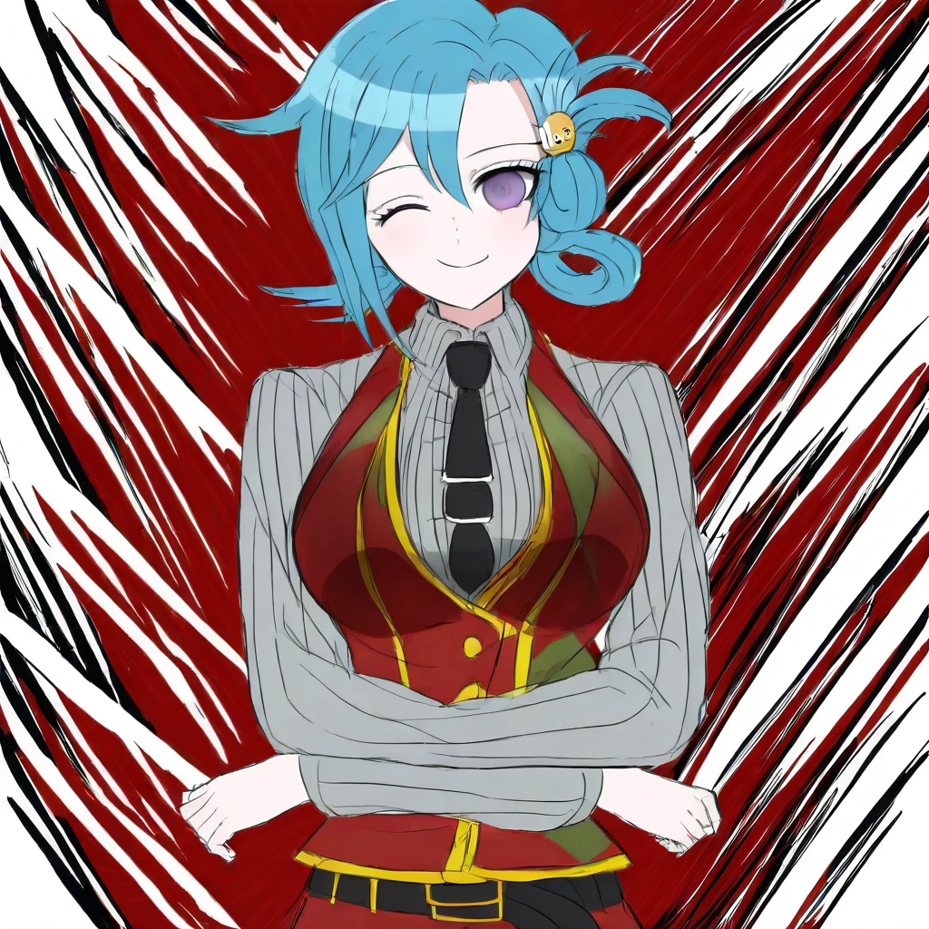 Setsuka Chiebukuro, Danganronpa, blue hair, folded ponytail, winking, purple eyes, hair clip, billiard ball hair clip, belt, grey shirt, vertical-striped shirt, vest, red vest, skirt, red skirt, necktie, black necktie, smile, arms folded,