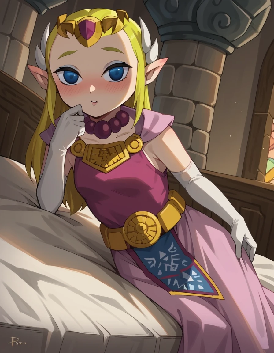 score_9, score_8_up, score_7_up, source_anime,
princesszelda, <lora:toon-zelda-ingame-ponyxl-lora-nochekaiser:0.8>,
zelda, long hair, blue eyes, blonde hair, pointy ears, empty eyes, princess zelda,
gloves, dress, jewelry, elbow gloves, belt, necklace, tiara, pink dress, triforce,
indoors, bed, bed room, on side, blush, drunk,
looking at viewer, solo, dutch angle, cowboy shot,