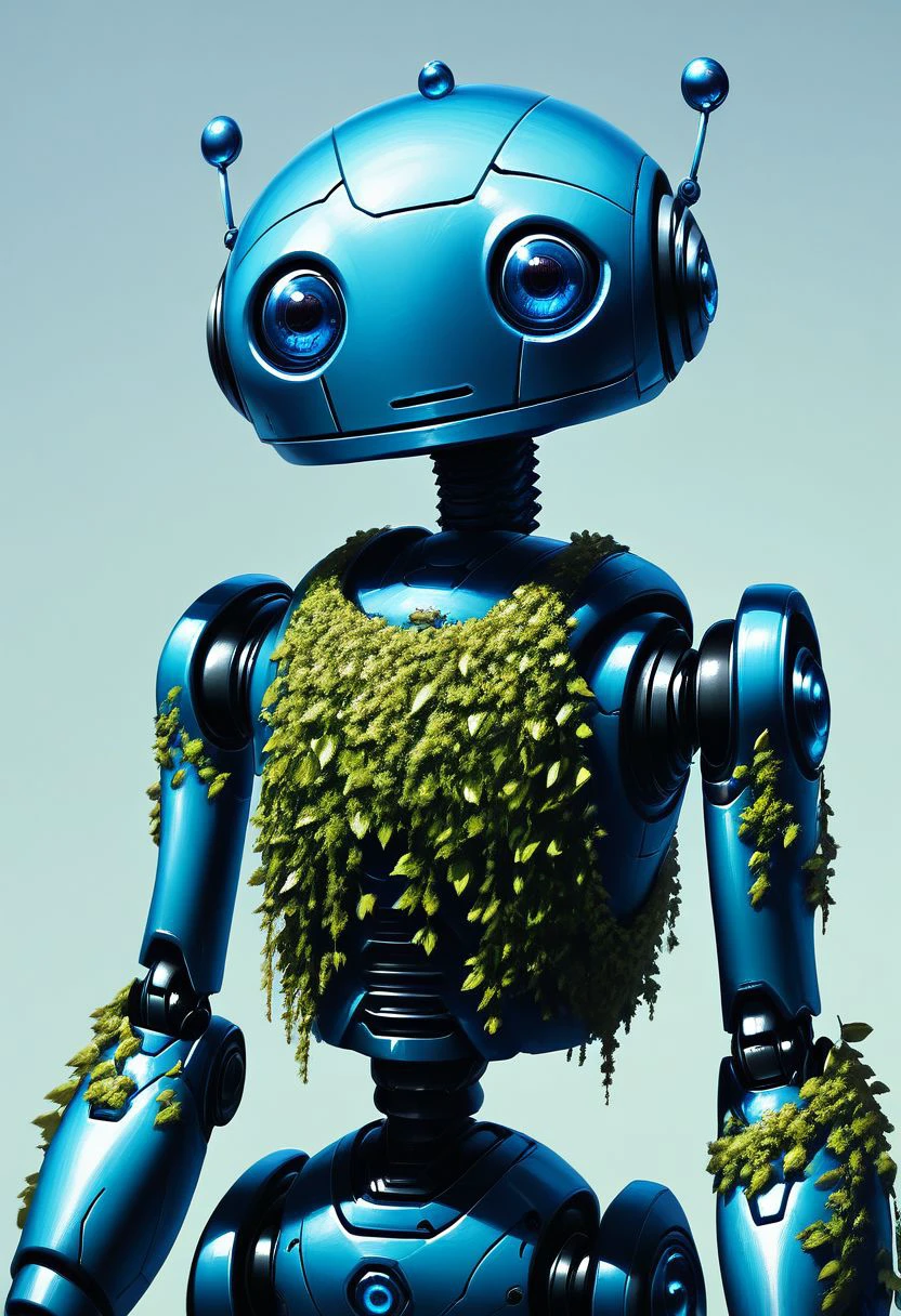 score_9, score_8_up, score_7_up, CivBot, looking at viewer, blue eyes, simple background, upper body,  science fiction, joints, straight-on, robot joints, blue robot, CivitAI, C, covered in moss, plants, nature, rust, (moss:1.2),