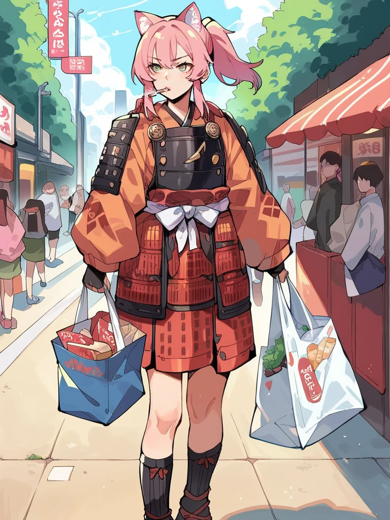 score_9,score_8_up,score_7_up,source_anime,1girl,<lora:samurai_armor_pony:1>,samurai,pink ponytail,standing on street,cigarette,cat ears,shopping bag,