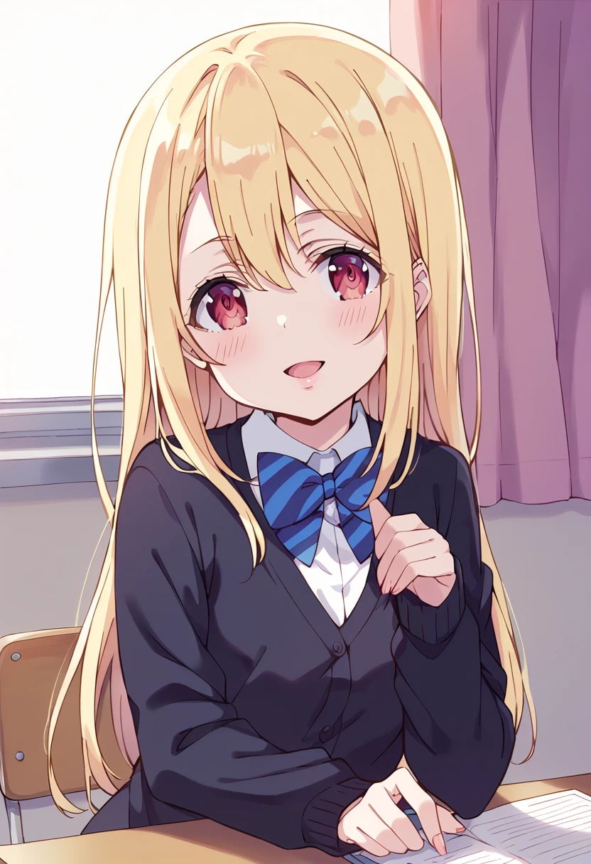 score_9, score_8_up, score_7_up, source_anime BREAK
amane lily, 1girl, blonde hair, long hair, solo, school uniform, looking at viewer, blue bow, blue neckwear, open mouth, white shirt, eyebrows visible through hair, chair, long sleeves, purple eyes, sitting, upper body, striped neckwear, collared shirt, striped bow, red eyes, parted lips, hair between eyes, brown eyes, dress shirt, smile, wing collar, hand up, pink eyes, blazer, eyelashes, diagonal stripes, black cardigan, fingernails, hair twirling, black jacket, sidelocks, ribbon, curtains, school chair, blush, indoors, classroom, looking to the side, blue cardigan, blue bowtie, striped clothes, striped bowtie, black sweater, on chair, school desk
<lora:amane_lily_sdxl_locon_pony_v1:0.8>