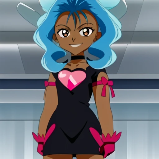dark-skinned female, choker, heart, solo, dark skin, brown eyes, dress, gloves, smile, 1girl