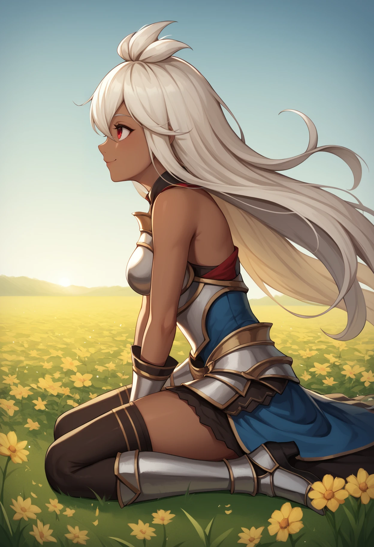 score_9, score_8, score_7, source_anime, BREAK from_anime, 1girl, solo, from side, gbf_zooey <lora:zooey_PDXL_v1:1.0>, dark skin, long hair, dark-skinned female, red eyes, white hair, ahoge, armor, breastplate, armored dress, thighhighs, gloves, bare shoulders, medium breasts, sitting, curious, smile, looking up, floating hair, flower field, flowers, sky, outdoors, cinematic angle, cinematic lighting, masterpiece, best quality